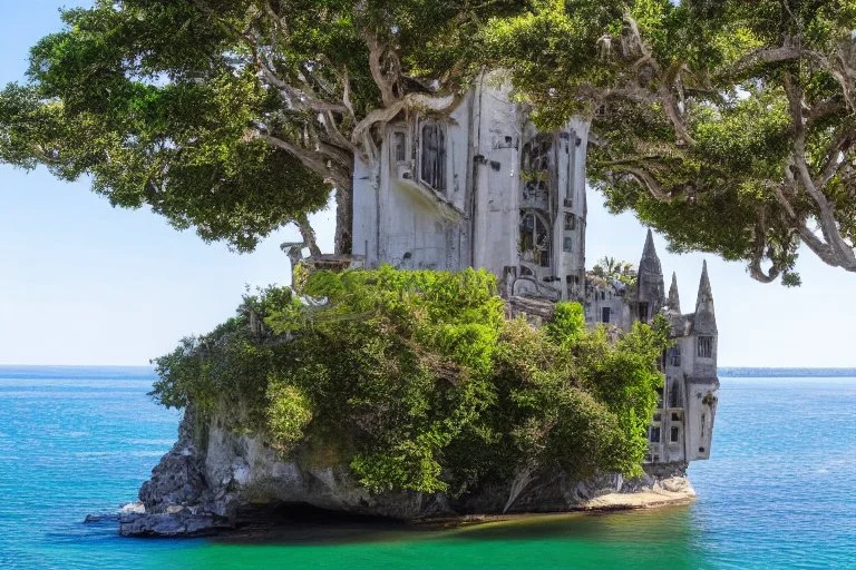 A futuristic ruined gothic building on an island floating over the sea with balconies, verandas, many arches, bridges, spires, paths, trees, dense foliage, spanish moss, ivy, blue sky, white clouds