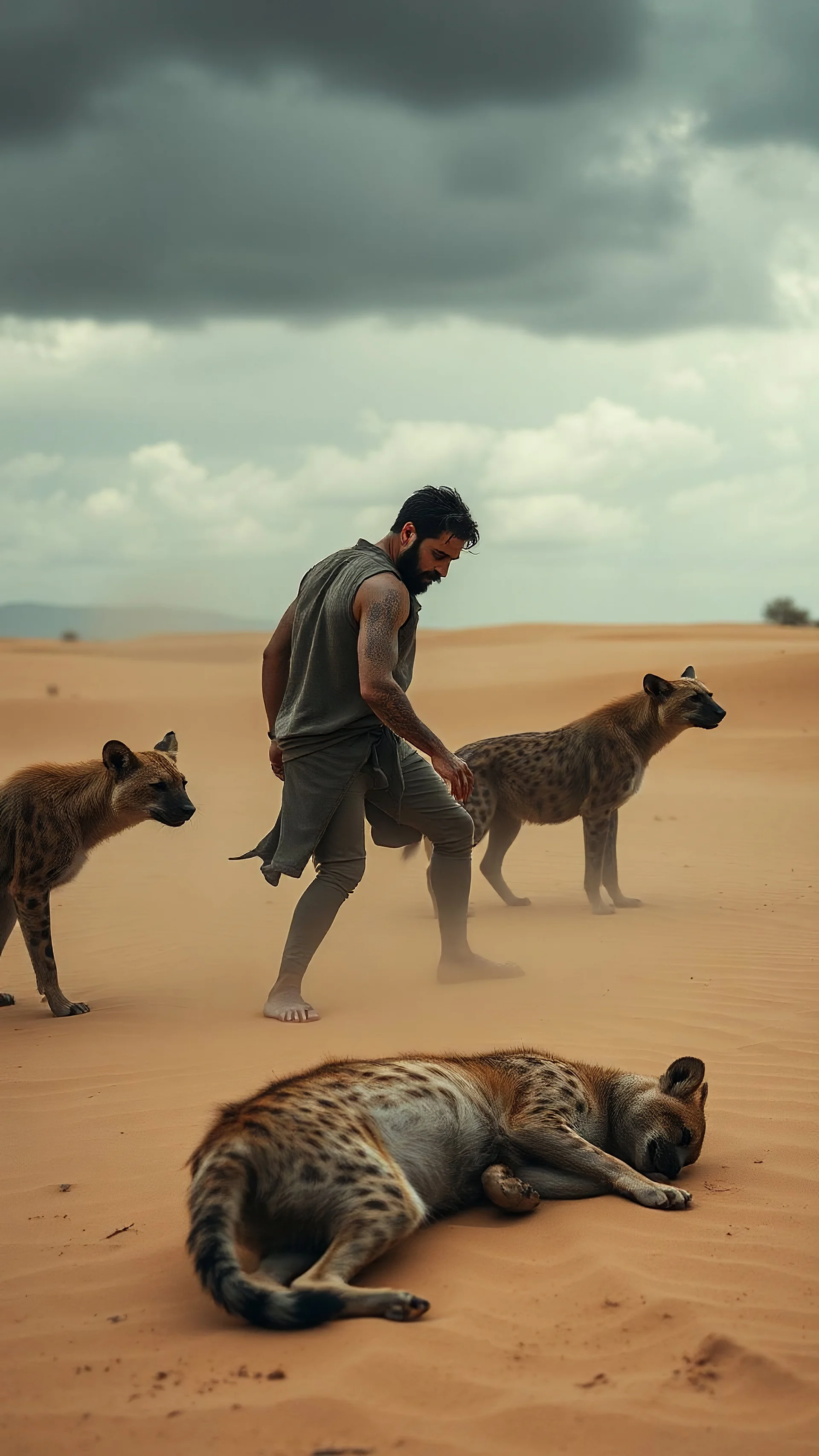 A man standing in the desert sands surrounded by hyenas try to attack him and he is trying to defend himself one of the hyenas attack him from the back and he felts on the ground , stormy weather and cloudy gray depressive rnverment