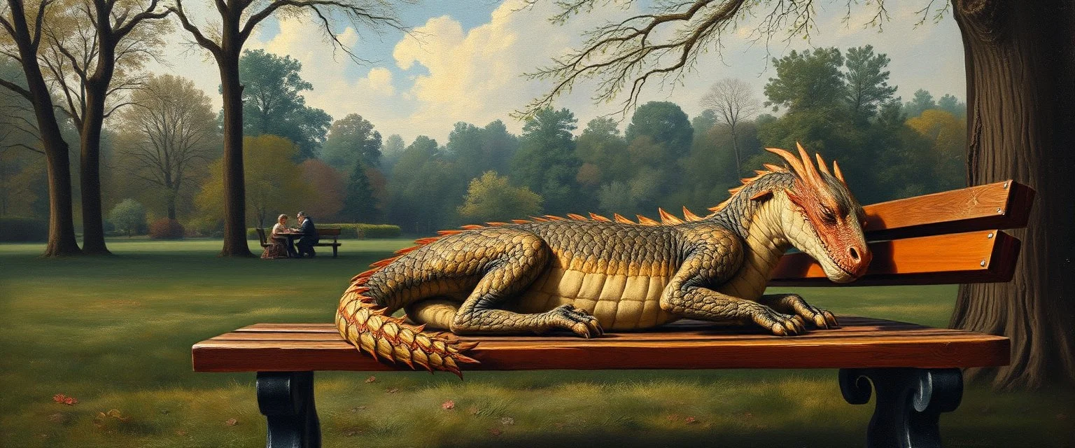 master oil painting by Rembrandt, flat dragon person sleeping on a bench in the park