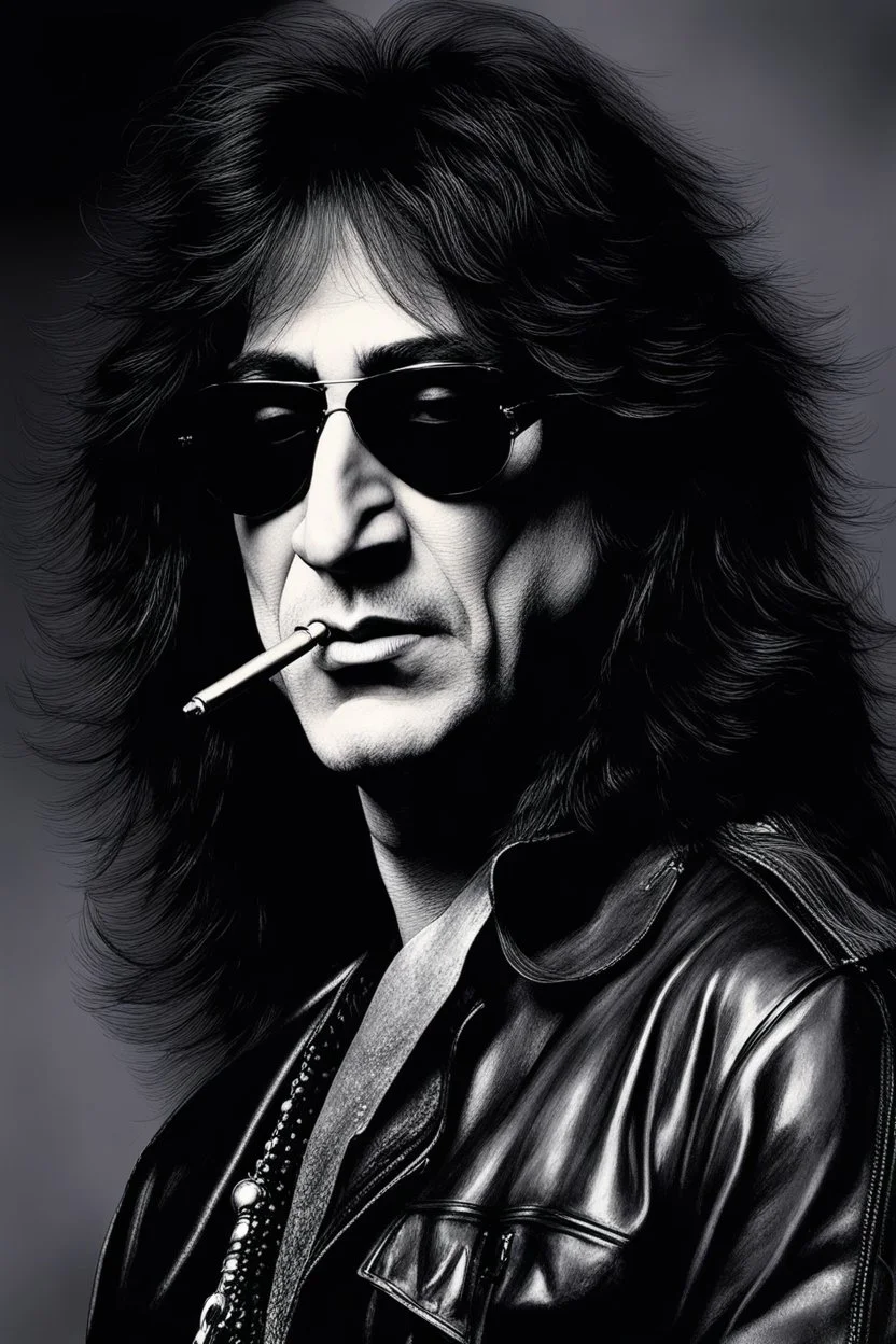 30-year-old Peter Criss (Drummer) with shoulder length, wavy, straight black and gray hair, with his face made up to look like a cat's face, red lipstick - in the art style of Boris Vallejo, Frank Frazetta, Julie bell, Caravaggio, Rembrandt, Michelangelo, Picasso, Gilbert Stuart, Gerald Brom, Thomas Kinkade, Neal Adams, Jim Lee, Sanjulian, Thomas Kinkade, Jim Lee, Alex Ross,