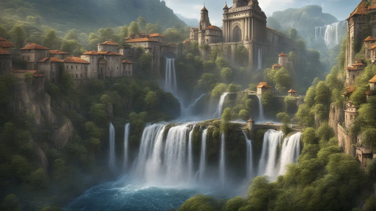 a waterfall falling upon a medieval city at the end of a steep, narrow, 3.000 feet tall ravine. a masterpiece, fantasy concept art, dynamic lighting, hyperdetailed, intricately detailed, deep color, Unreal Engine, volumetric lighting, Epic cinematic brilliant stunning intricate meticulously detailed dramatic atmospheric maximalist digital matte painting