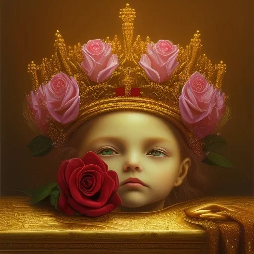 a dreamy yet sorrowful oil painting of a detailed golden crown next to a red rose on a bench in a flower garden