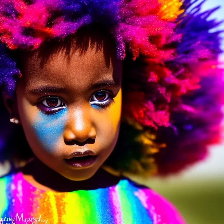 full body shot, masterpiece, best quality, child, boy, dark skinned, sparkling eyes, fluorescent skin, colorful makeup, afro, highly detailed body, sun light, 4K, RAW, depth of field, high contrast, realistic details, 24mm