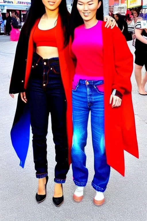 baggy jeans. Fashion colors 2023. Scarlett Johansson and Asa Akira, shimmer. Blocks of fashion colors in the background of the image. Cool fashion outfit for the year 2023