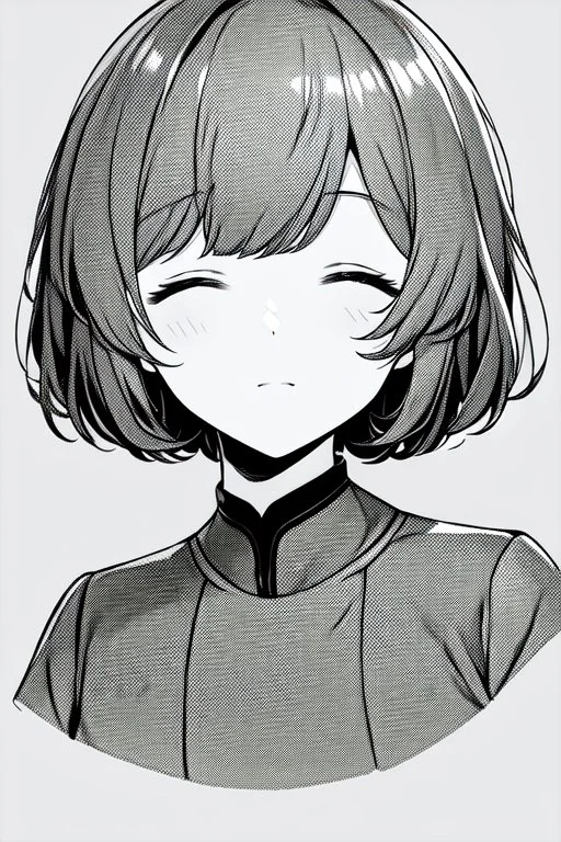 short hair girl, closed eyes, close-up, greyscale