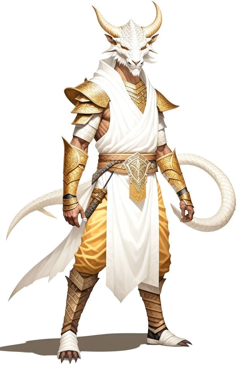 Full Body, White Dragonborn, Monk, Fighter Pose, White and Gold outfit colour theme,