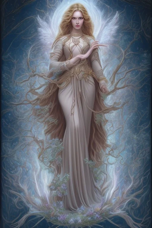 Create an image of a Wiccan Mayday Goddess. The goddess should be depicted as a beautiful and powerful figure, surrounded by symbols of the element of fire. Her hair should be long and flowing, and she should be dressed in a flowing gown or robe. In the background, include imagery of flowers, greenery, and perhaps a bonfire or other symbols of the Beltane celebration. The image should evoke a sense of joy, celebration, and spiritual connection to nature.