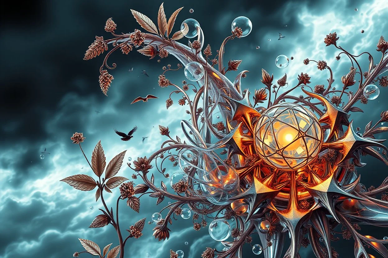 Dynamic complex hypnotic fractal 3D structures Symmetry twisting and morphing between plants ,birds and metal geometric forms , smooth translucent iridescent glass with inner glow and bubbles, varied transparent materials, stormy skies, intense dramatic