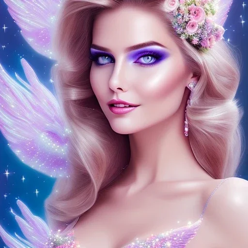 jolie femme galactique cosmonaute sourire avec longs cheveux bleu pâle pâle clair joli visage souriant et beau corps bien formé , beaux yeux bleus rieurs - grandes ailes roses , ciel bleu fleurs blanches et roses. robe en soie, jolies dents rieuses , jolis yeux rieurs , picture precise and hight quality 8k, 10k ambiance rose pÂle, combinaison de cosmonaute, bijoux