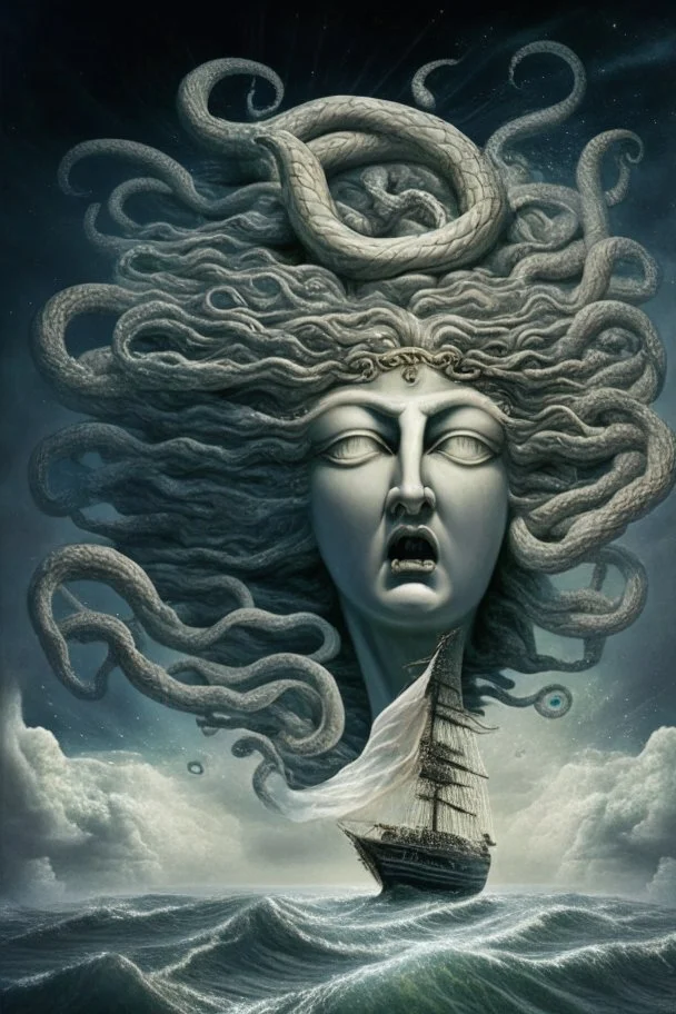 A sailboat of which front is Medusa head is flying into the universe.