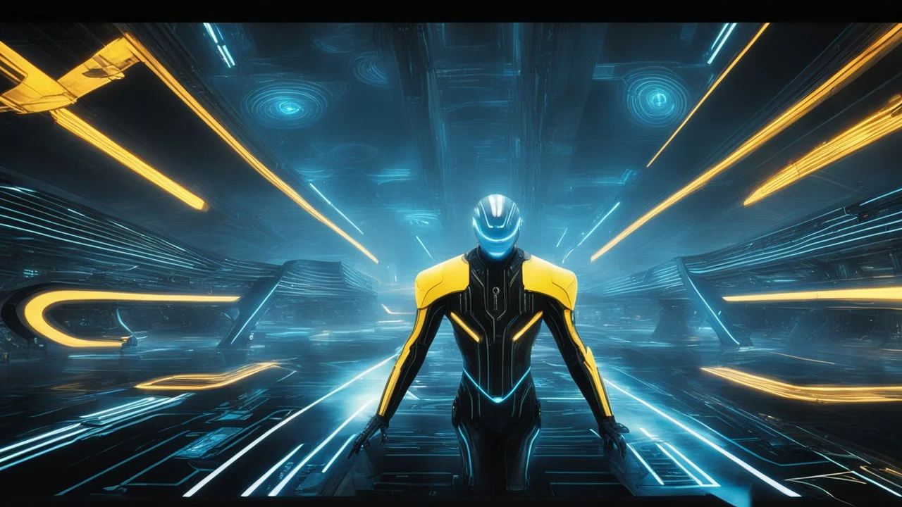 tron legacy movie, creatures programs from grid, space ships, city of the future, yellow, blue, red