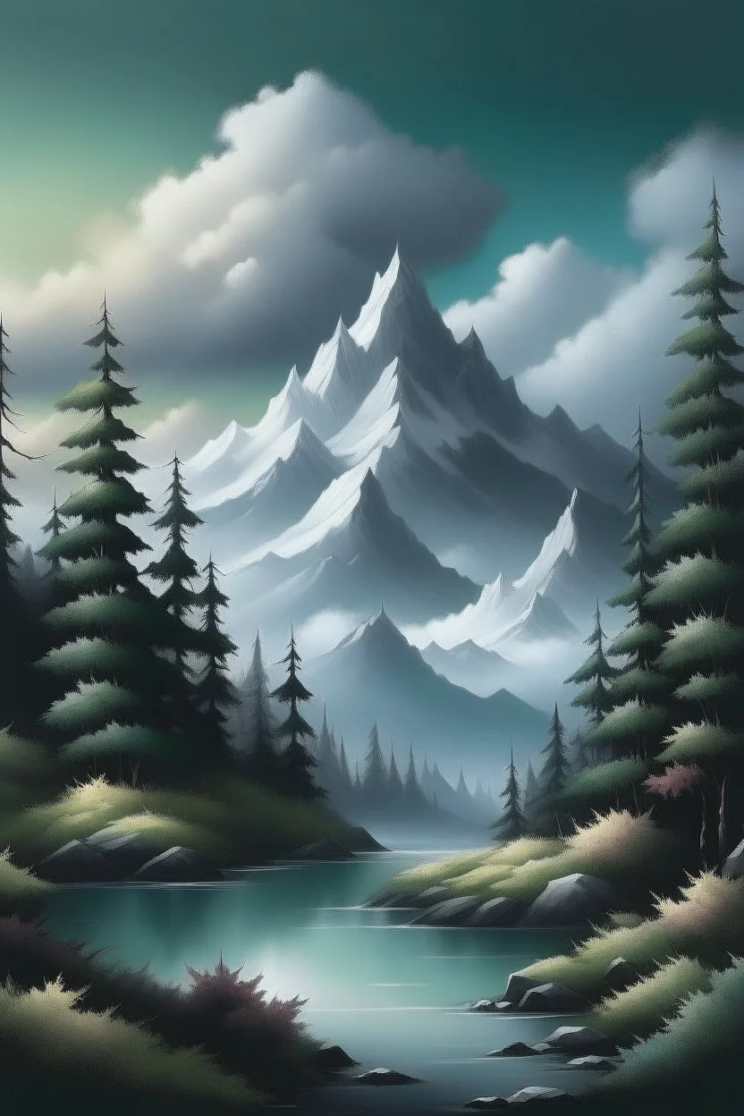 Create a stunning mystical mountain landscape with tall snowy peaks and dense forests in the epic style of Bob Ross.