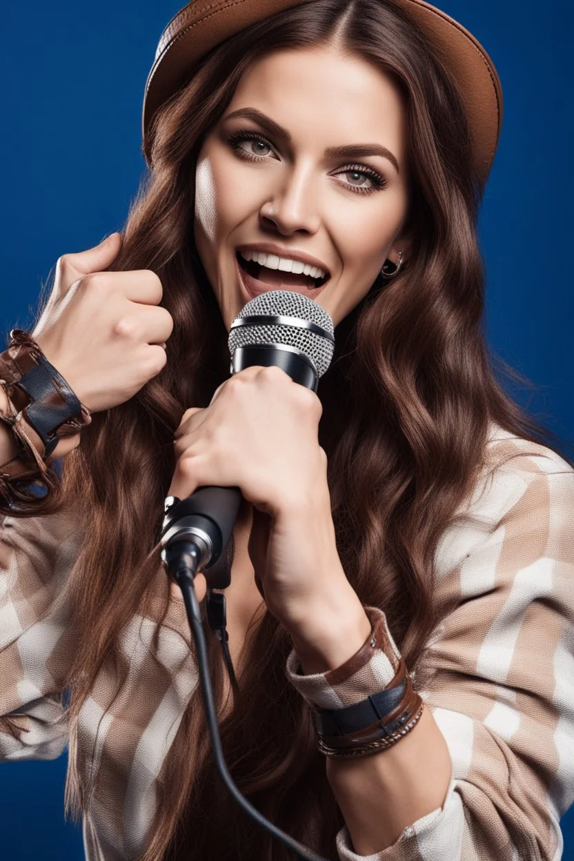 attractive female country music singer leaning forward while holding microphone in front of them, change clothing to plaid in natural tones, leather bracelets on wrists, long hair, mouth open, singing, rings on fingers