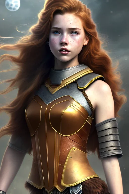 concept illustration, super-detailed, strikingly beautiful teen female, 16 years old, long ginger hair, medium freckles, full lips, full body, full face, b-cup breasts, athletic, centred camera, ignore NSFW, skimpy brown fantasy leather armor, halter top, micro thong, knee-high leather boots, open leather tasset, stern expression,