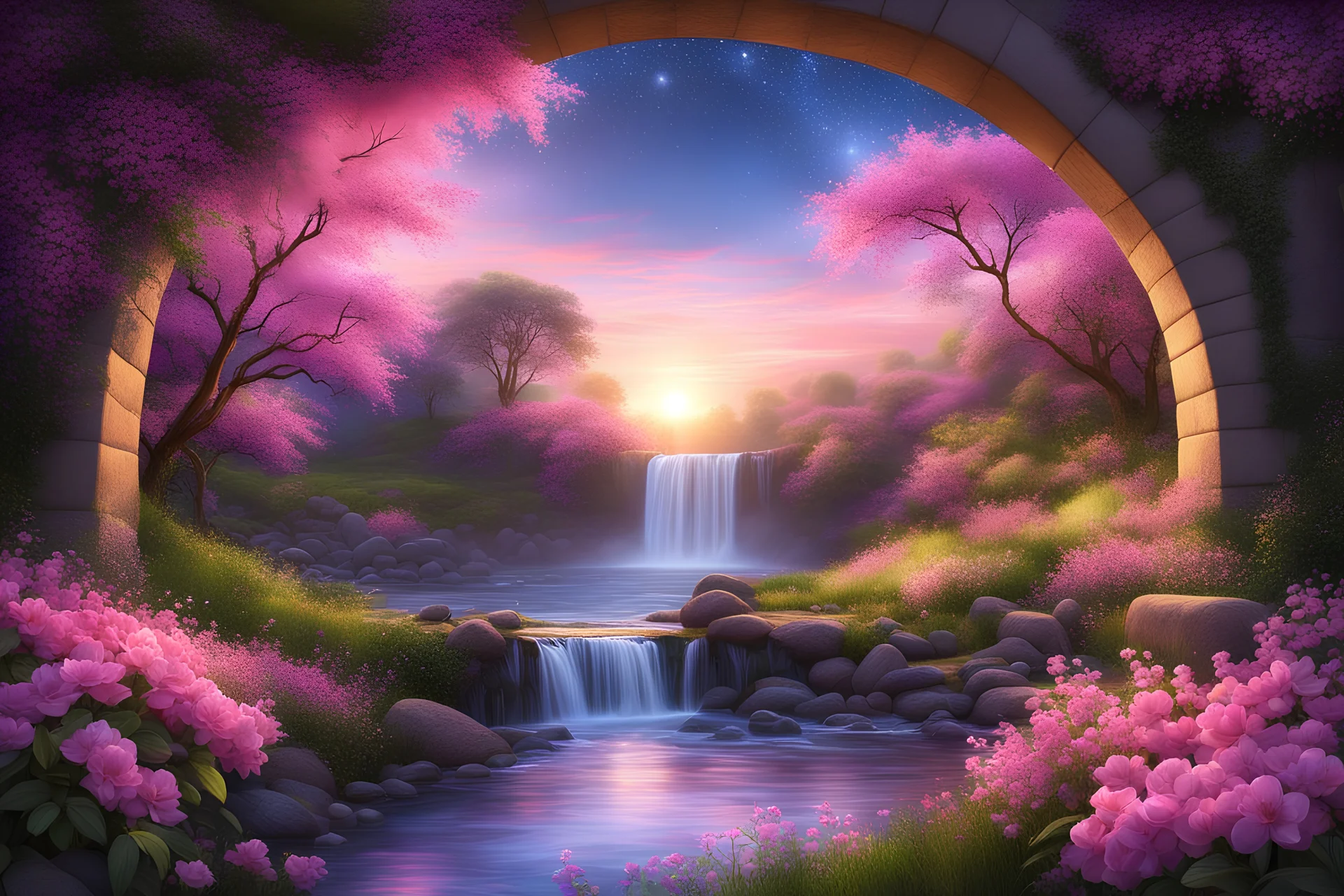 sous une arche en arc de cercle avec beaucoup de glycine rose très éclairée par les rayons d'un soleil couchant au dessus d'un cours d'eau et d'une cascade au loin, the night sky casts its dreamy gaze, amidst the vibrant pink color flowers of spring , shimmer like a golden halo. smiling. high purity. very detailed, digital art, beautiful detailed digital art, colorful, high quality, 4k