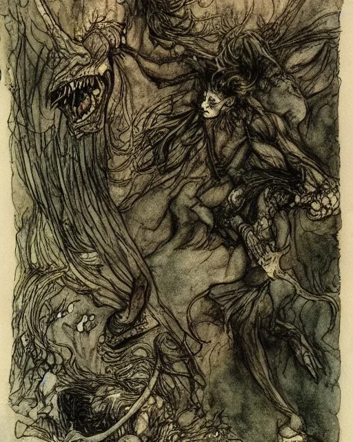 Grendel attacks by Arthur Rackham