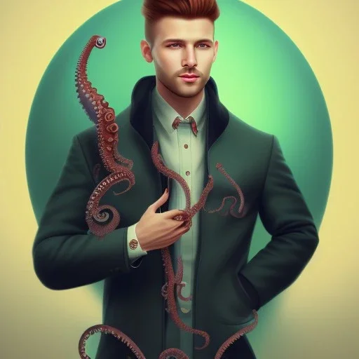 a masculine brunette gay austrian man with octopus plushie on head