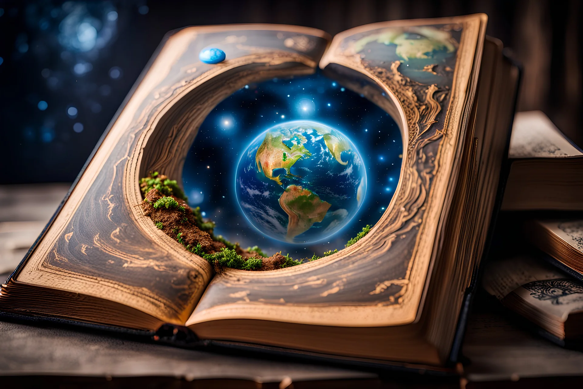 magical book with a portal inside showing Earth,art like painting,the portal is inside the book,the book should have ancient writings on it, DSLR camera Sony Alpha 7 50mm 1.8,medium shot,high-resolution image with fine details