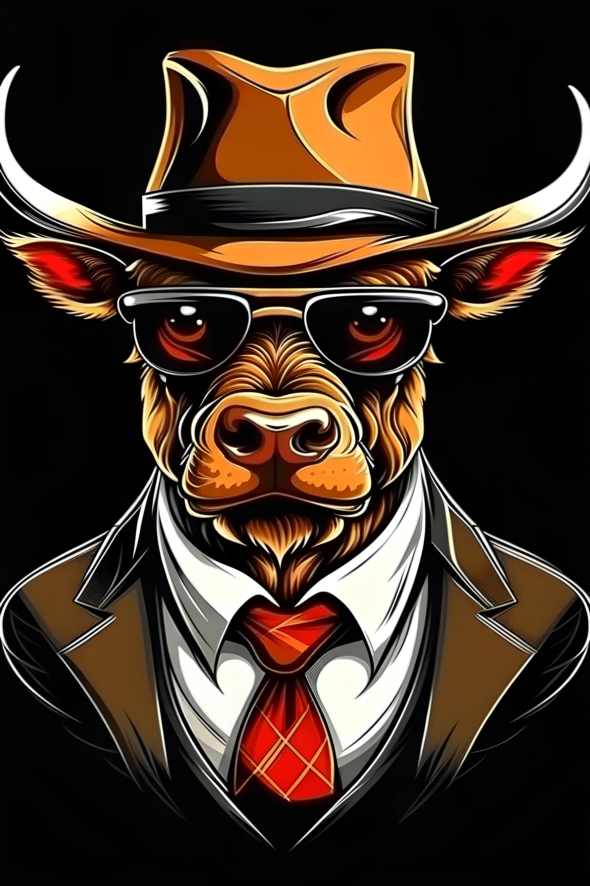 Big wild muscular bull in hat , tie and sunglasses