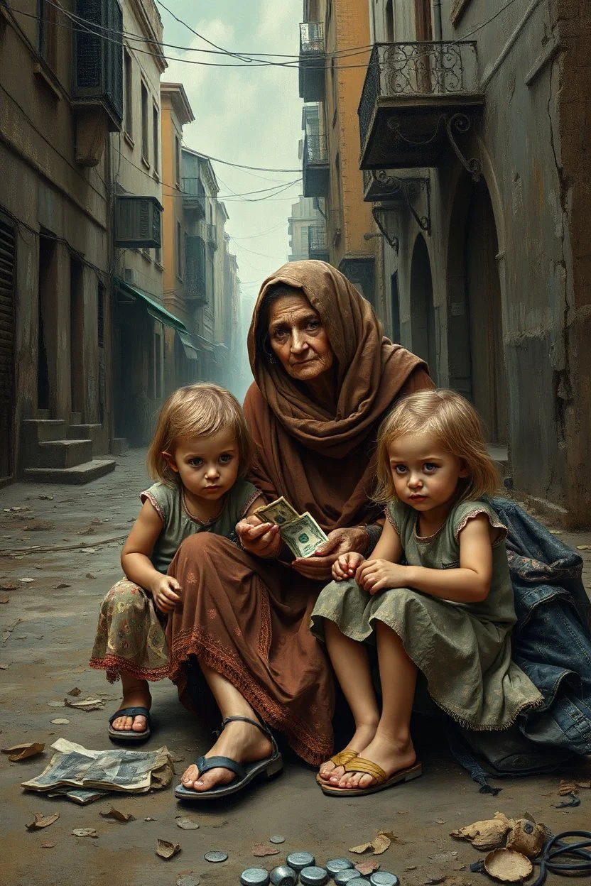 Bosch painting style , a homeless woman with 2 small girls sitting in an dirty street banging for money, high quality and fantasy