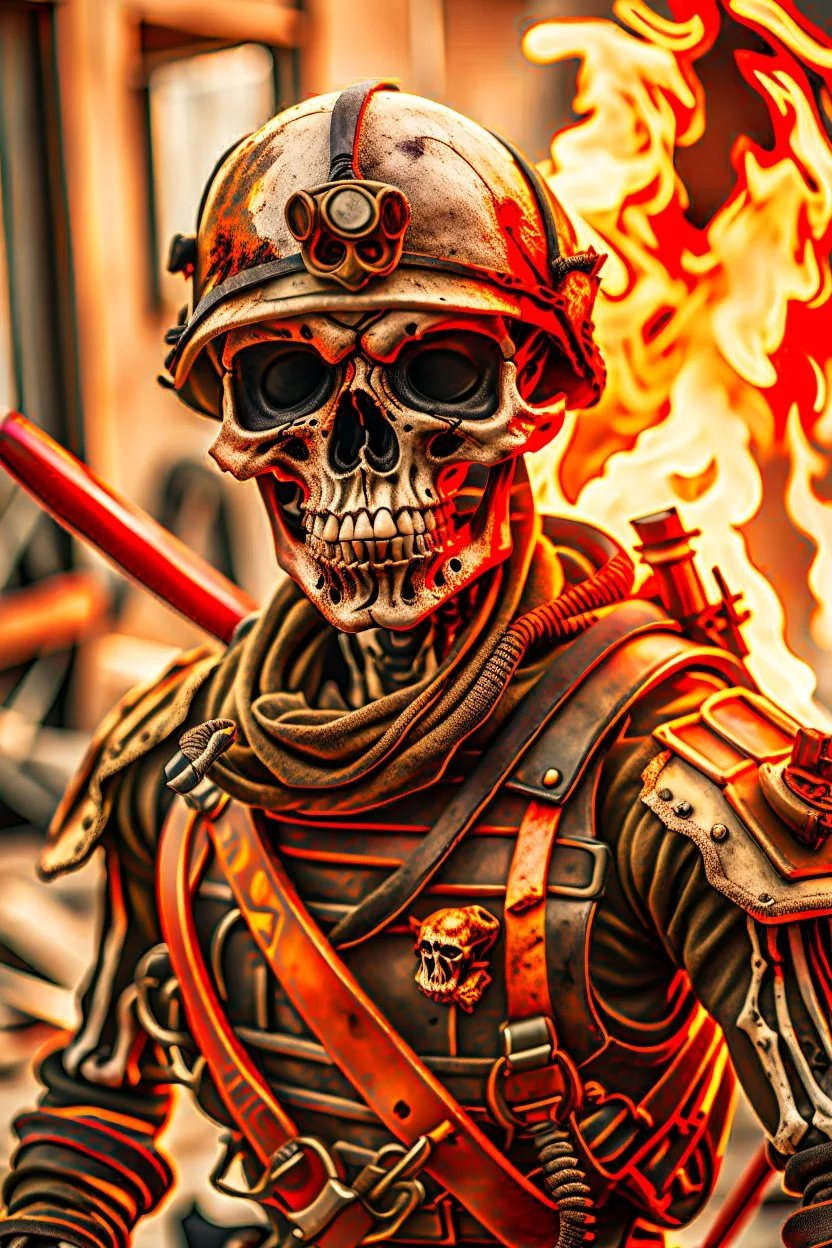 a scary looking skeleton, rising from the ashes, he was a war veteran, partially humanlike characteristics, army beret and ripped ammo wear, chaotic background, dramatic close-up action shot of him on a burned out war tanker a torpedo on shoulder -ready to fire ,gothic and chaotic background, 12k