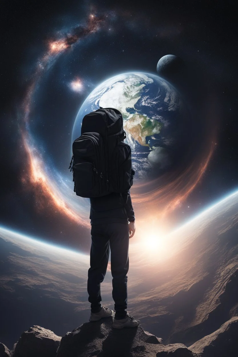 A figure wearing a black backpack deep in a supernova overlooking planet Earth