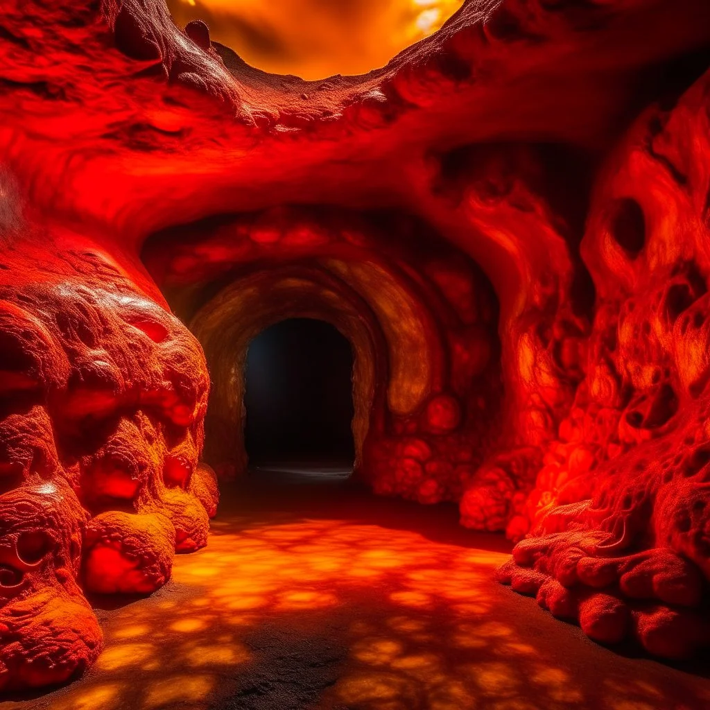 An orangish red molten underground with lava designed in Maori sculptures