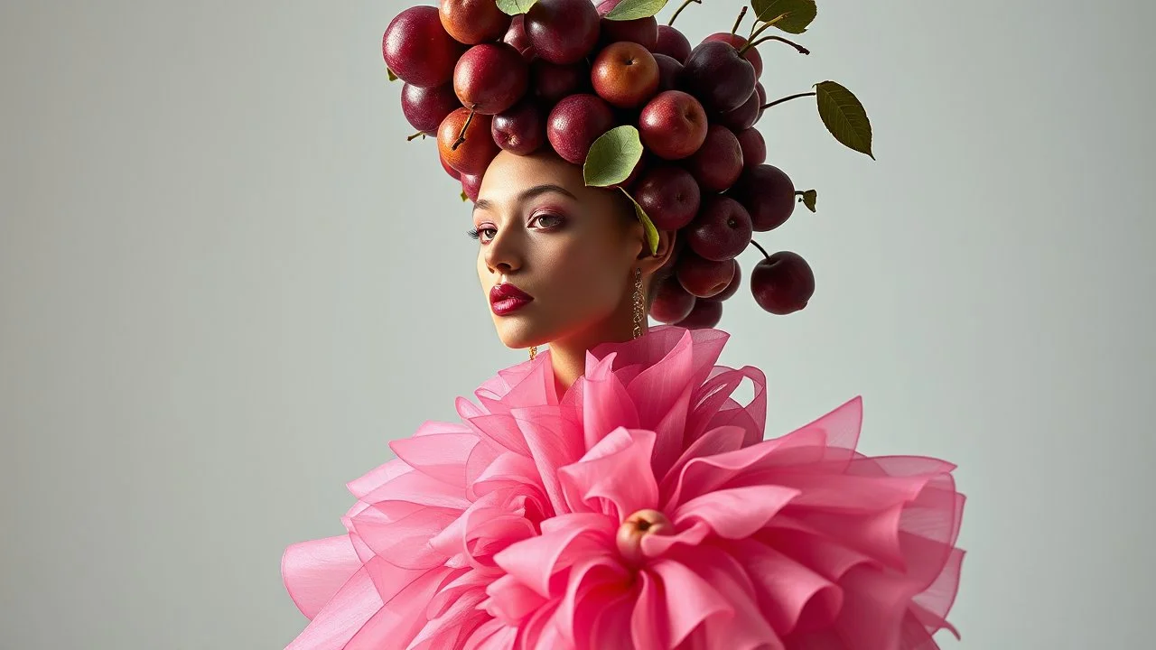 High fashion photography of a model in a Tim Walker and Alexander McQueen style pink plum dress, studio lighting, large-scale headdress with many fruits, wide shot, highly detailed, hyperrealistic, cinematic photography - ar 9:16. High fashion photo shoot of a model in a Tim Walker style pink plum dress, intricate headdress made of conceptual plum fruit sculptures