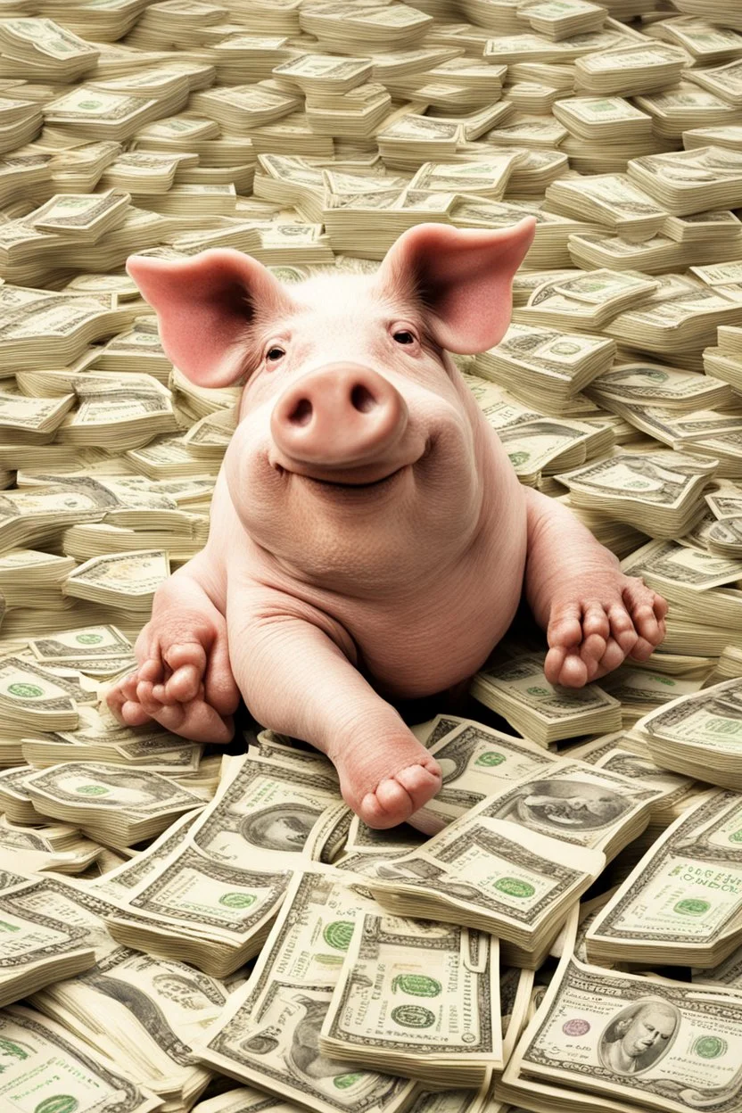 cloven foot of a swine lying on stacks of money