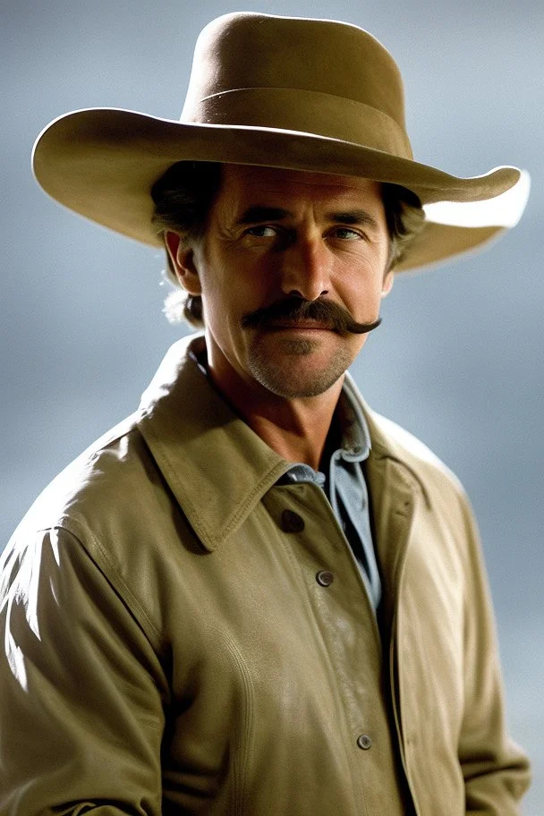 facial portrait, head and shoulders, a 45-year-old man, Harold Kendall, with dark brown hair, a mustache and blue eyes wearing a light tan leather jacket, a blue button up shirt, a brown, suede, Stetson cowboy hat, who resembles Brandon Sklenar/Bela Lugosi/Elvis Presley/David Arquette/George Reeves/Tommy Kirk, oil on canvas, in the art style of Alex Ross, 4k, 8k, 16k, 32k. 100k UHD, ultra hyper resolution, extremely detailed skin texture, hyper-realistic, photorealistic, Realism Engine, EpicPhot