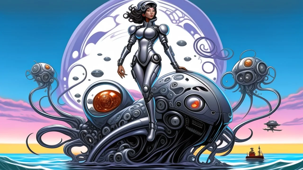 woman with dark hair in a silver robotic catsuit, standing on a futuristic alien beach with a crashed spaceship in the water, with mushrooms with octopus tentacles flying in the air