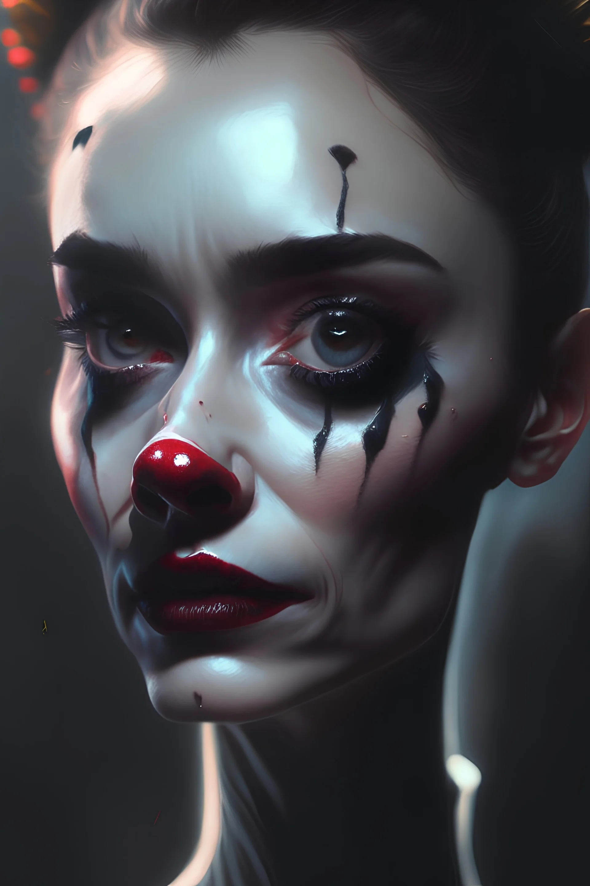 Audrey Hepburn Photorealistic dramatic hyperrealistic criyng clown paint ,Crystal black eyes, elegant, by WLOP,Artgerm,Greg Rutkowski, Beautiful dynamic,shadows,Artstation,concept design art,Octane render,8K