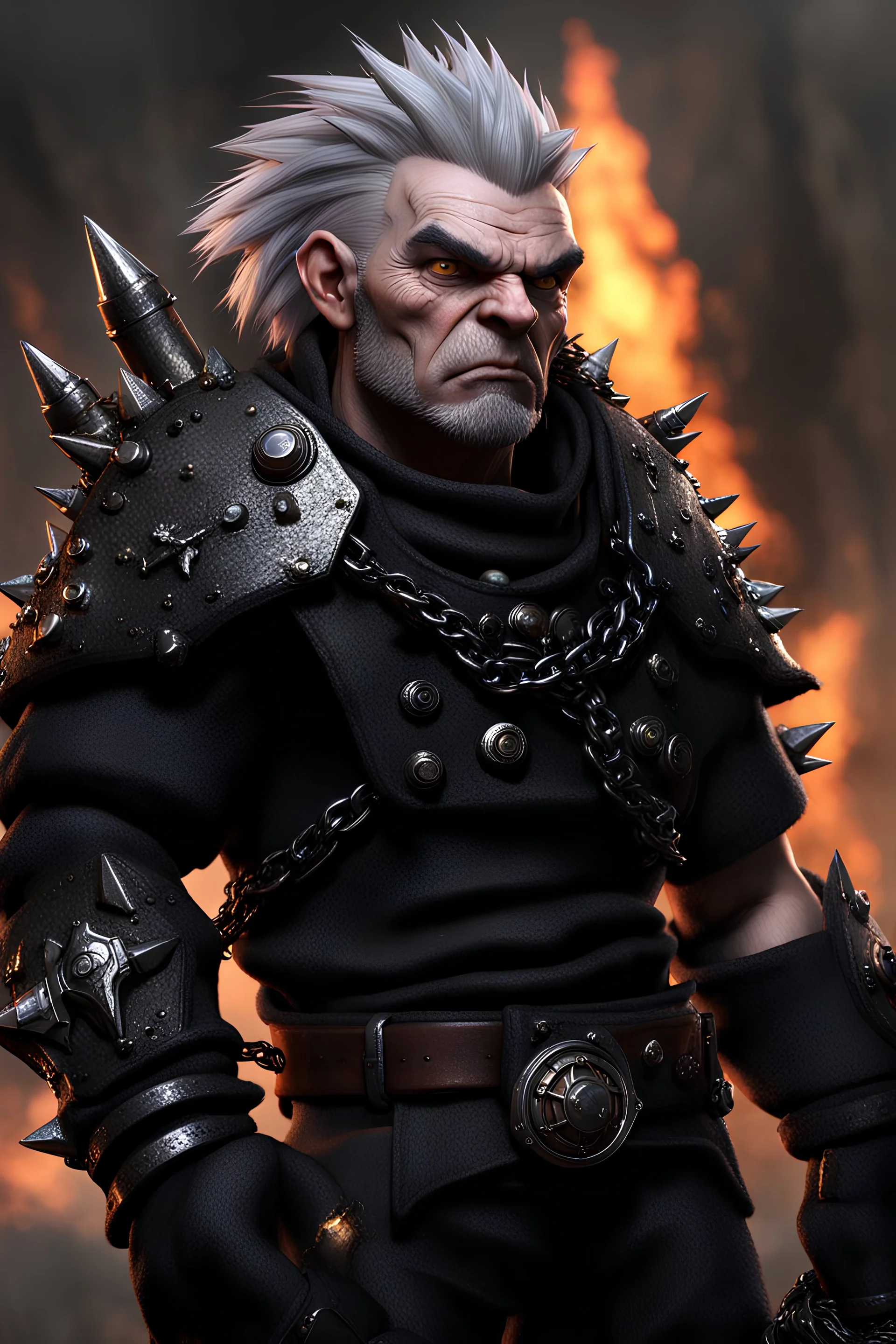 3d, unreal engine, fierce expression, pale ashen skin, short grizzled man, halfling, purple spiky hair, black detailed heavy metal armor, spiky black metal shoulderpad, black armored metal pants, realistic, realism,yellow eyes, belt, multiple weapons sheated, chain strapped on the belt