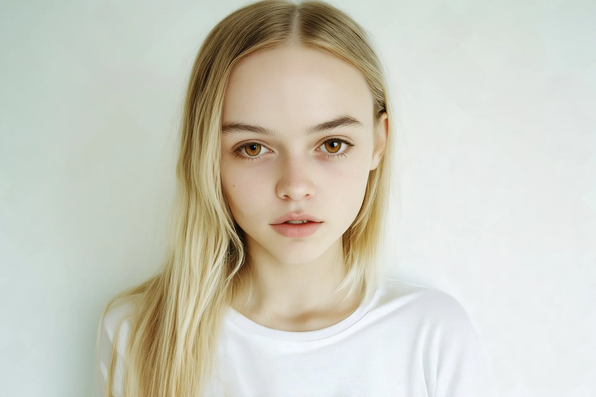 Polaroid, lilyrose Depp, cheveux long blonds sésans frange, yeux marron, petit nez, visage poupin, t-shirt blanc, fond blanc