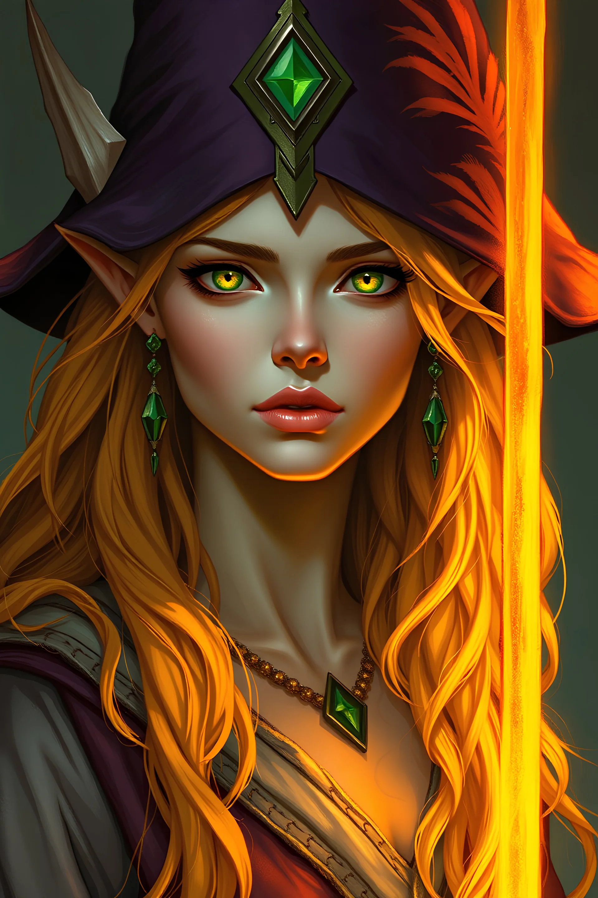 A female sun elf wizard, with golden-copper hair and green-gold eyes. She looks wicked and haughty. She is not beautiful