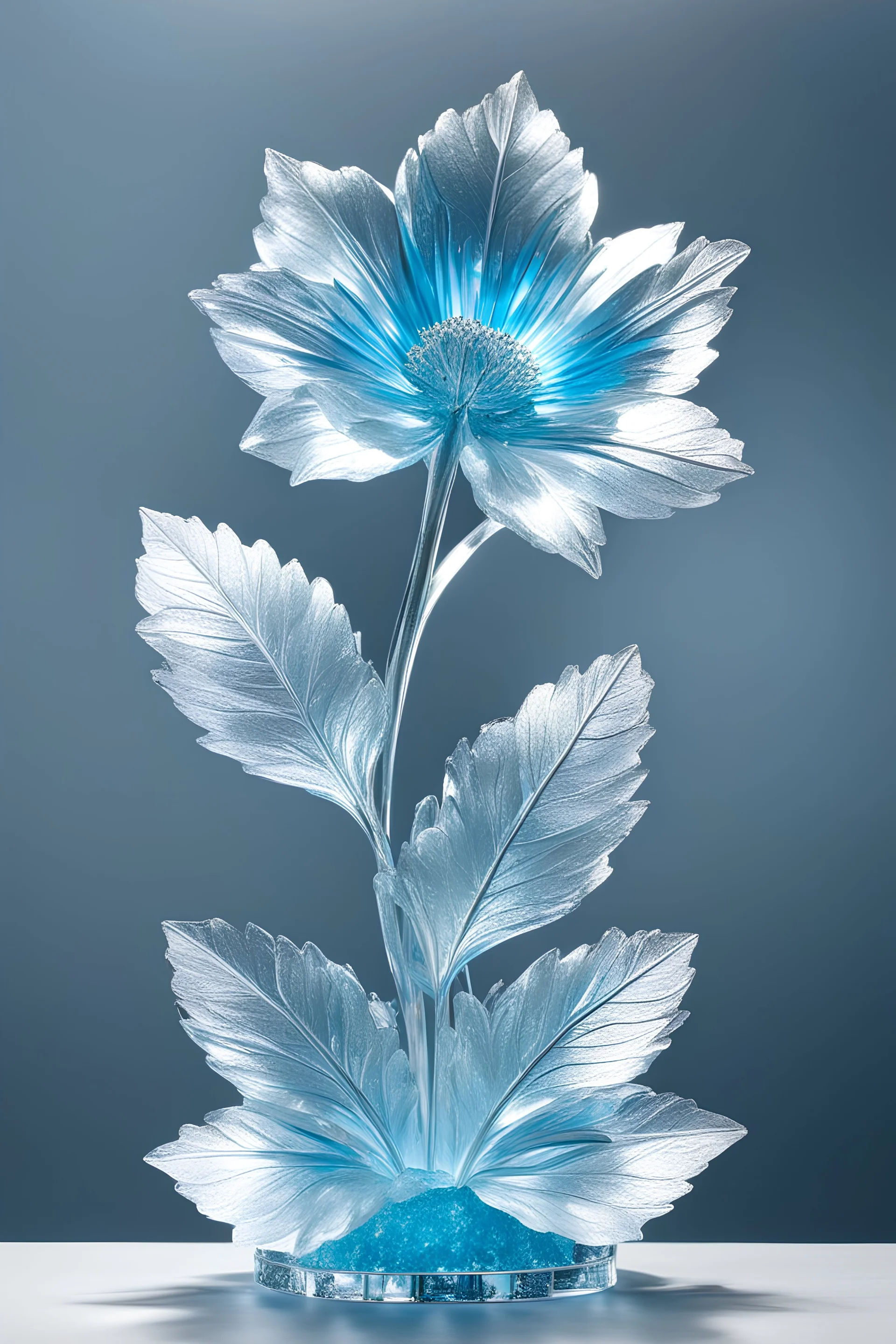 Hyper-realistic sculpture ice sculpture a bright ice flower in sky blue silver background