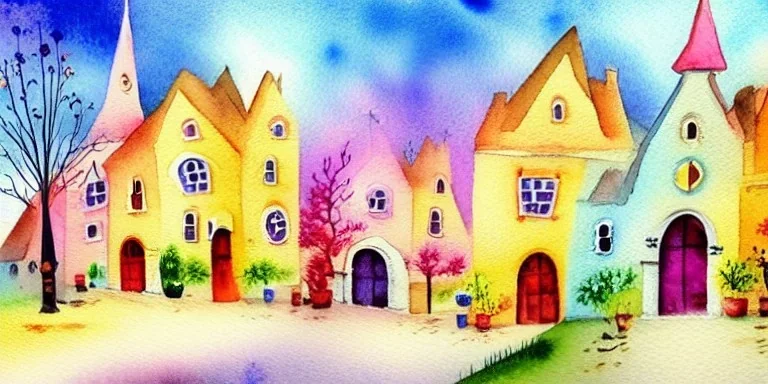 exquisite whimsical village watercolor, delicate village, cute, adorable, linen backdrop, warm colors