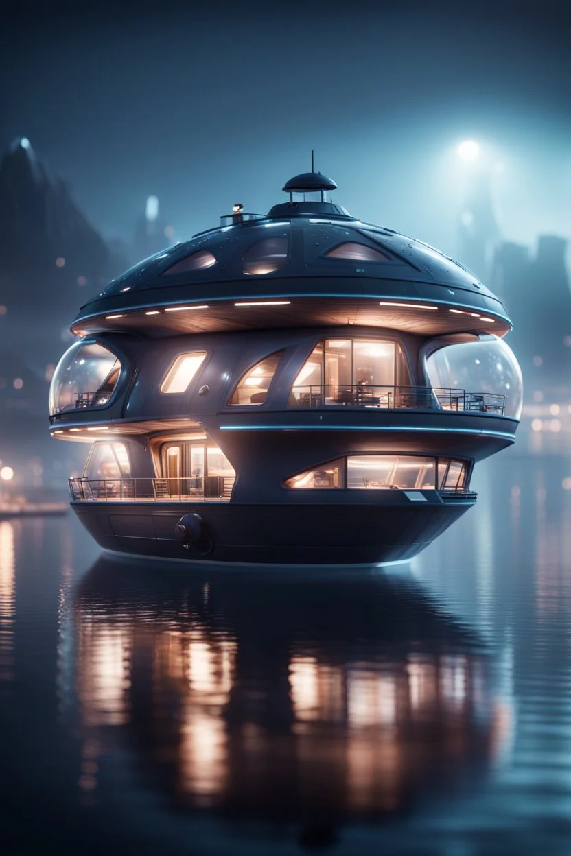 a misty bubble shaped modular house boat that looks like a dark twisted alien space ship with spotlights, in advanced hi tech dock, bokeh like f/0.8, tilt-shift lens 8k, high detail, smooth render, down-light, unreal engine, prize winning