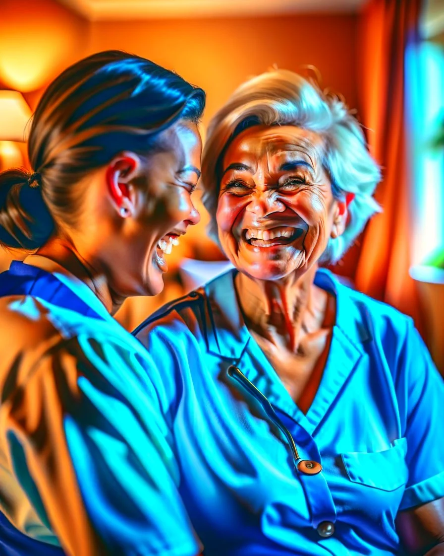 A warm, inviting image of a caring nurse providing personalized care to a smiling patient at home