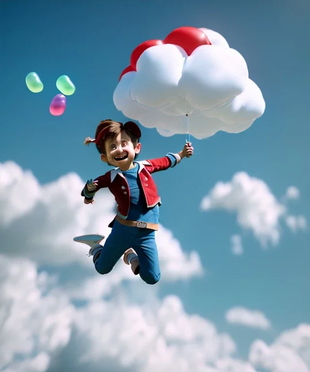 Ultra realistic clouds sky scene, medium shot view, portrait, sweet Childs free jumping flying, trinkets, jelly beans, inflatable helmet, smile, happy, Wes Anderson style, Peter Pan, inflatable color clothing, extreme, wind, clouds sea, 20,000 feet altitude, stratosphere, soft color, highly detailed, unreal engine 5, ray tracing, RTX, lumen lighting, ultra detail, volumetric lighting, 3d, finely drawn, high definition, high resolution.