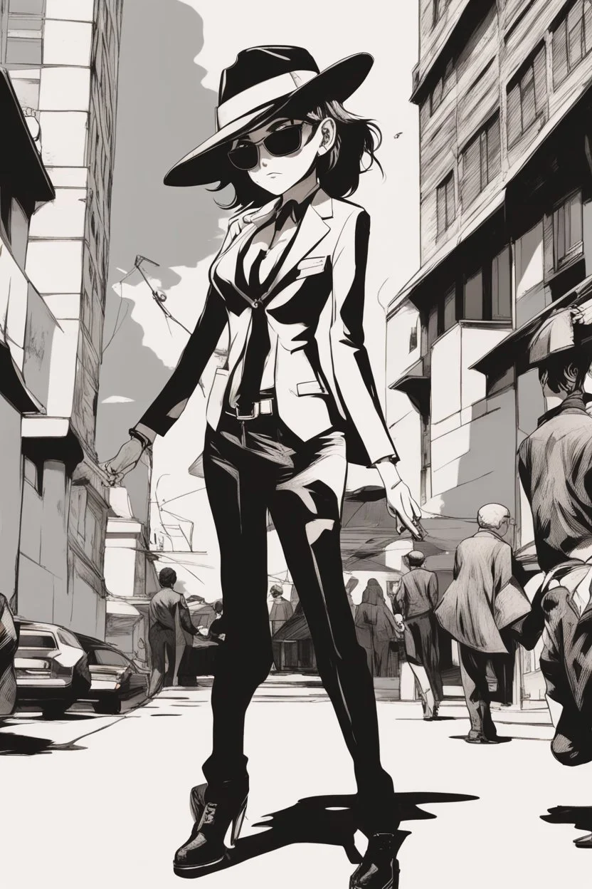 manga, anime, drawing, art, cartoon, perfect body, perfect hands, perfect face, perfect eyes, perfect arms, perfect cowboy hat, mafia woman, female mafia,, short hair pixie cut shaved side, black suit and tie, sunglasses, badass, cool, attractive