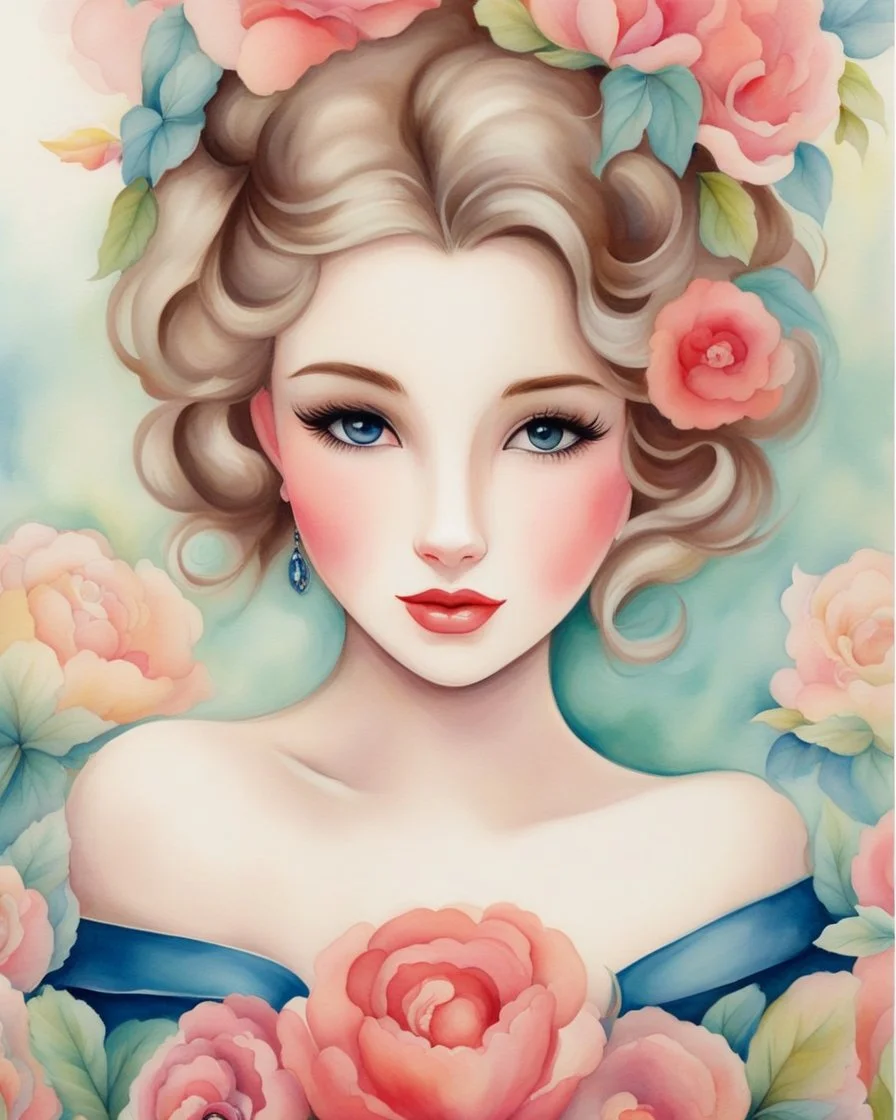 Painting of a beautiful girl, vintage, close-up face, watercolor, watercolor painting, by Jeremiah Ketner, flowers, 20 years old, 1955, pretty face