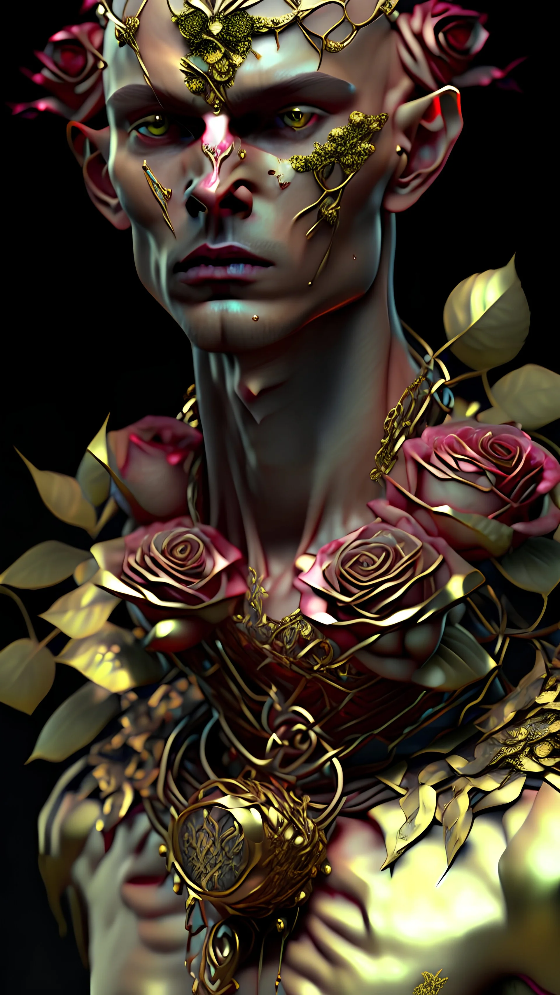 photo realistic youthful male dryad , handsome, shaved head, bald, cheek bones, gold eyes, slim physique, octane render, raised detail, molten metalics, rose headress, high resolution, insane details, anatomically correct, 3d intricate rose bracelets, 3d intricate rose necklace, raised details, metalics, rough textured, full bloom roses, radiant, very detailed, cinematic, 3d