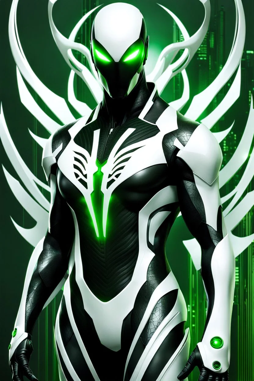 Cyborg symbiote, white color, green color, tendrils, high tech, cyberpunk, biopunk, membrane wings, carbon fiber, cyber tentacles, and the other two.