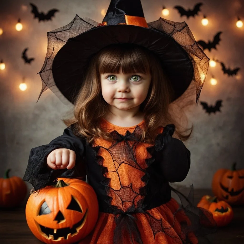 cute 3 year old girl with brown hair and expressive green eyes, dressed like witch, with an orange and black dress with spider web lace and a black witches hat, carrying an orange pumpkin basket, make the background a fun, but dark halloween setting