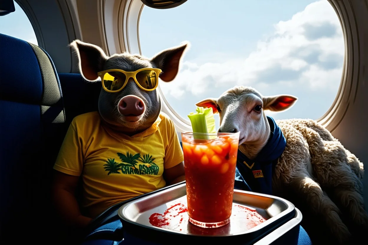 Realistic Grainy vintage analogue glitchy photograph of a contented sow wearing yellow tinted sniper shades and Hawiian shirt sitting next to a sheep with a hoodie reclining on a plane window seat, a Bloody Mary drink with a celery stick garnish sits on seat tray, cloudy skies, faded color old photo, low contrast, vignette, bokeh, heavy film grain and static, absurd