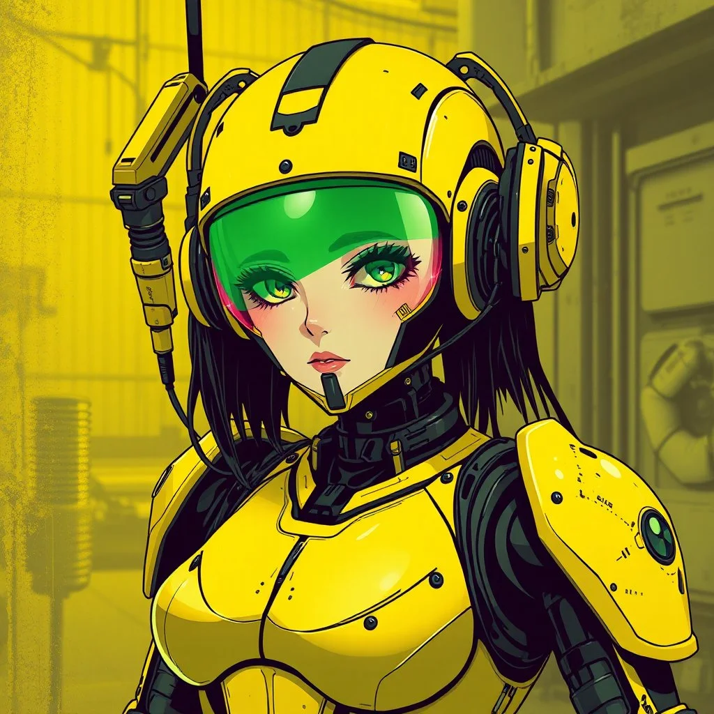 a feminine cyborg android, yellow, black, post apocalyptic, fallout, dystopia, neon vintage anime