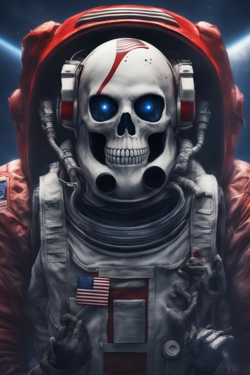 A close up of a skeleton face in an astronaut helmet and suit floating in space. inside the hollow eyes are red shining lights, scary. On his suit is an American flag and in his one hand is a small wavering American hand flag. From the back of his suit is blowing out blue, white and red smoke. Realistic, 8k, highly detailed, funny