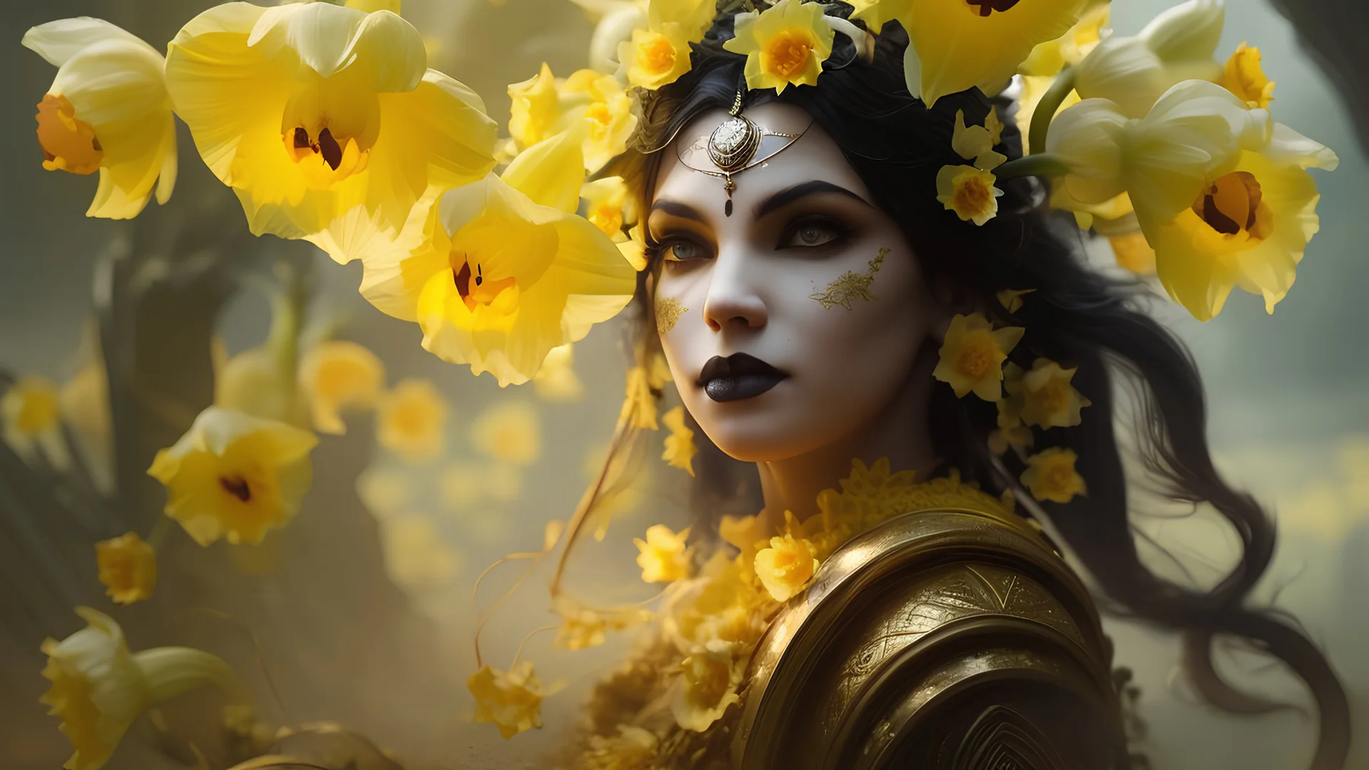 beautiful yellow Gothic India daffodil witch, 8k, high quality, trending art, trending on artstation, sharp focus, studio photo, intricate details, highly detailed, by greg rutkowski