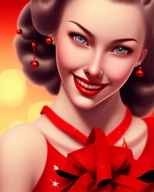 girl in red dress, close up portrait, Christmas, smiling, cute, beautiful, 1940s